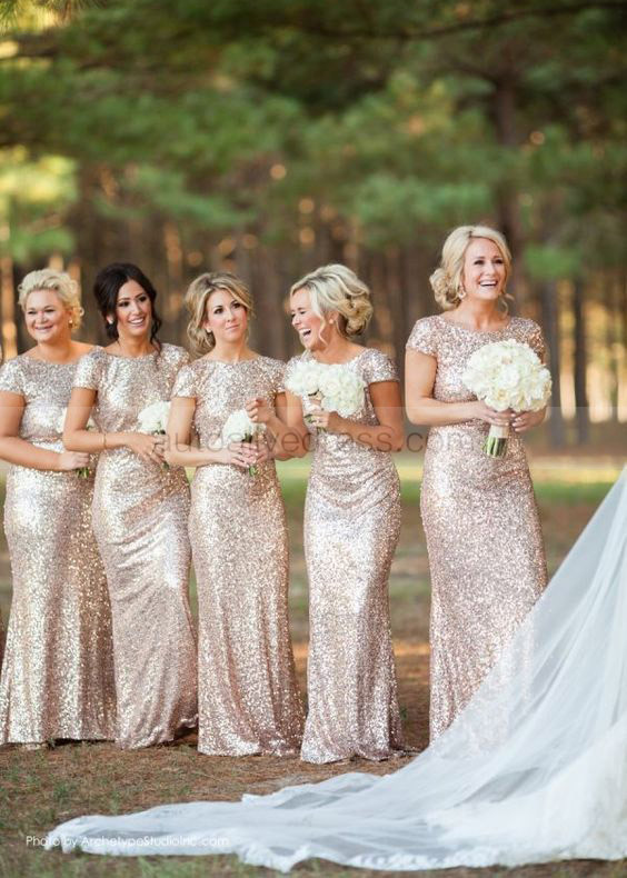 Cap Sleeves Champagne Sequin V Back Affordable Bridesmaid Dress